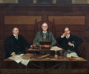 G. Blackall-Simonds (Primer Maestro), con Gerald Horsley y Mervyn Macartney, Presidiendo la Reunión del 25º Aniversario del Gremio de Trabajadores del Arte en Clifford